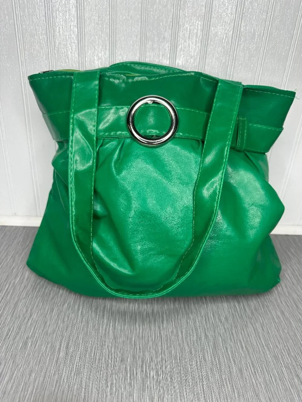 Green Faux Leather Hobo Handbag Silver Ring Hardware Detail